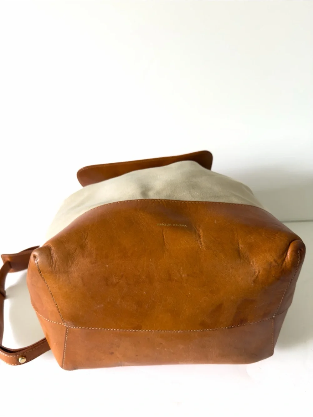 Mansur Gavriel Canvas Mini Backpack Tan Leather Flap Bag  Creme & Cammello